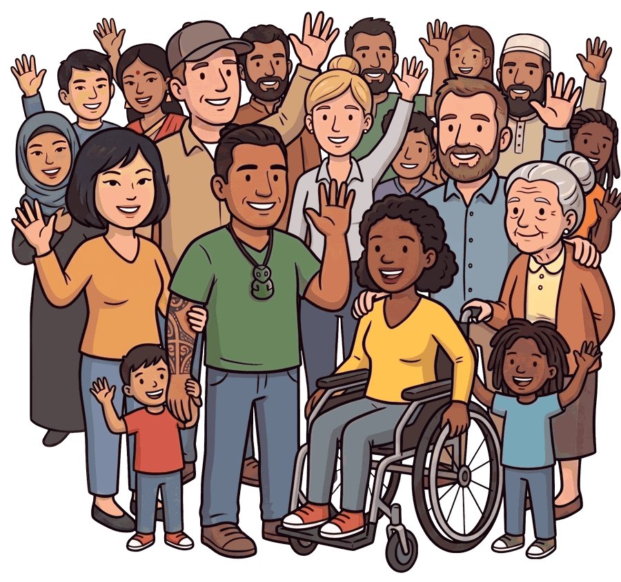 Illustration of a diverse group of local people waving
