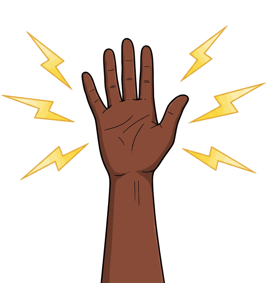 Illustration of a raised hand surrounded by lightning bolts